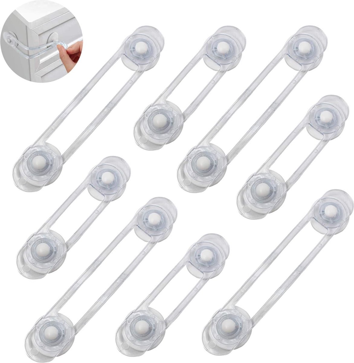 Child Locks for Cabinets - 8 Pieces - Drawer Lock - Cabinet Lock - Baby Safety - Baby Cabinet Security - Self-Adhesive Child Lock - Safety Hooks - Transparent - Self-Adhesive 3m - For Baby Safety - No Drilling or Screws - For Cabinet, Door and Drawer - Image 1