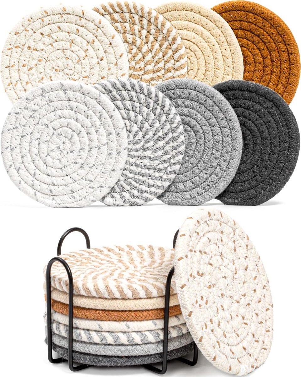 Cork Coasters - Set of 8 with Holder - Woven Coasters - Handmade - Thicker - Highly Hygroscopic - Anti-Slip - Placemats for Glasses - Coaster Set - Coasters - Round - Natural & Eco-Friendly - Minimalist Style - Image 1