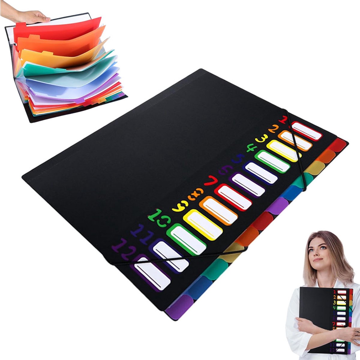 A4 Expandable Project Folder - A4 Sorting Folder - 12 Compartments - File Folder with Tabs - Compartment Folder - Desk Folder - Storage Folder - Document Folder - Work Folder - Clear Classification - Black - Image 1