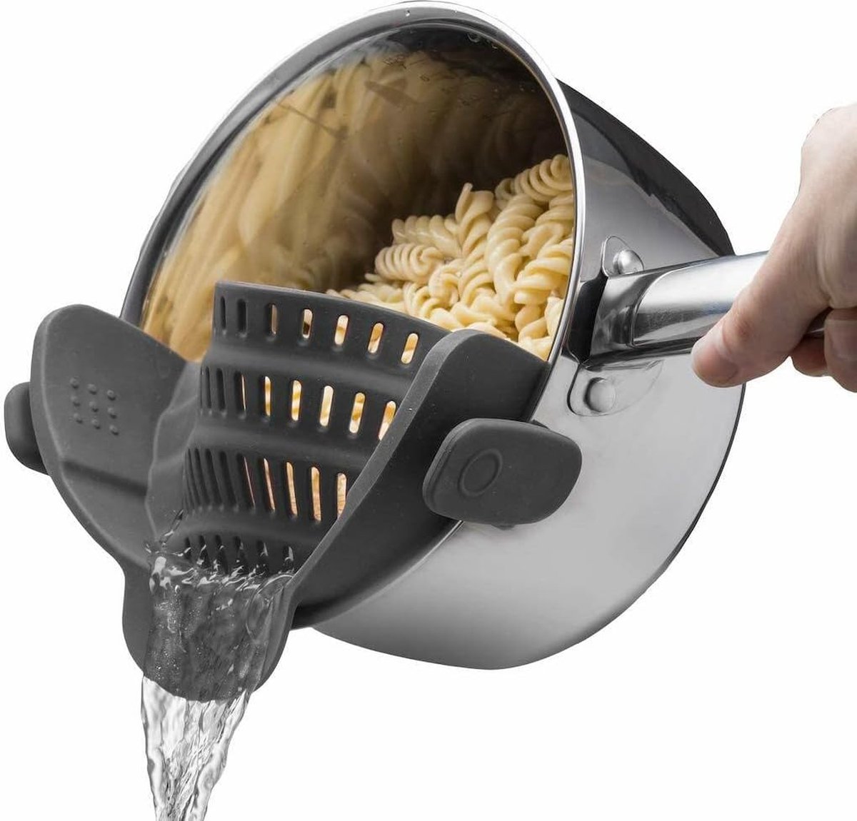 Silicone Colander - Kitchen Draining Lid - Draining Aid - Silicone - BPA Free - Safe Hands-Free Draining - Colander - Safe Draining - Solid Compact Kitchen Draining Lid - Draining Lid - Grey - Dishwasher Safe - For All Sizes of Pans - Image 1
