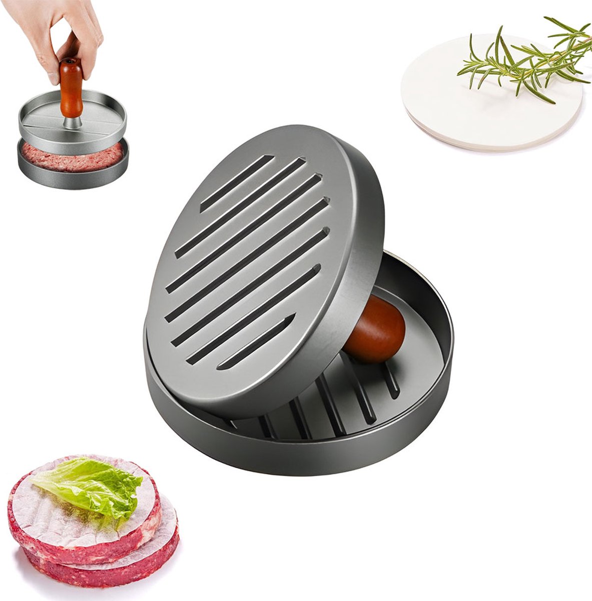 Hamburger Press - Stainless Steel - Hamburger Maker - Burger Press - Burger Press - Hamburger Presses - Hamburger Shaper - Burger Meat Press - Includes 100 Sheets of Wax Paper - Dishwasher Safe - BBQ Accessories - BBQ Tools - Image 1