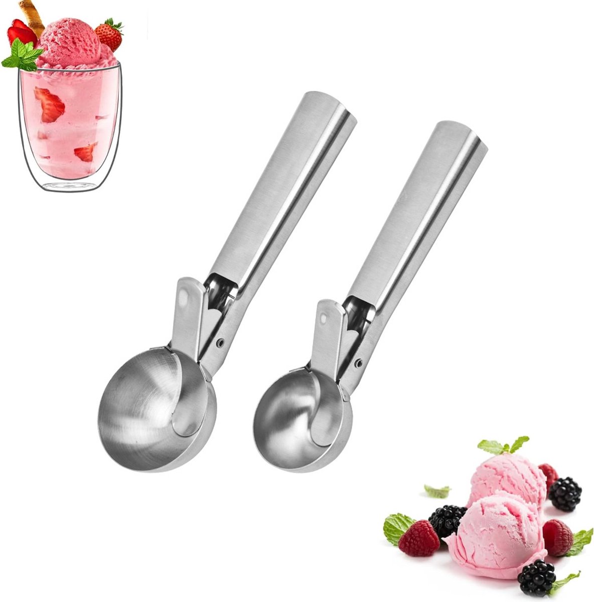 Ice Cream Scoop - 2 Pieces - Ice Cream Spoon - Ice Cream Scooping Spoon - Small Ice Cream Scoop - Ice Cream Ball Tongs - Portioning Spoon - Ice Cream Ball Tongs - Fruit Scoop - Eject Valve - Includes Releaser - Kitchen Utensils - Ergonomic - For Ice - Sta - Image 1