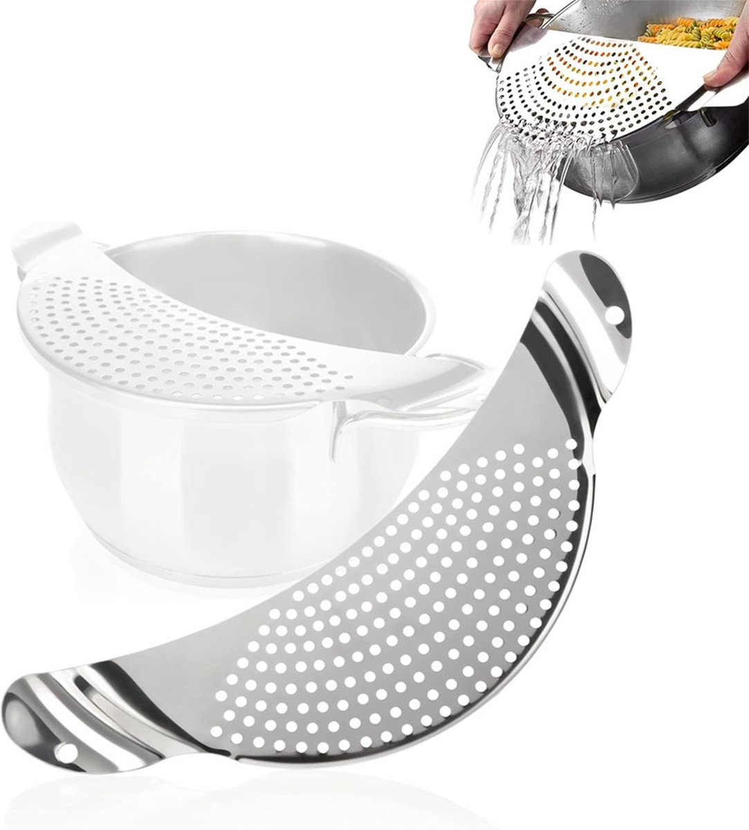 Stainless Steel Draining Aid - Draining Lid with Handles - Colander - 33.5 Cm - BPA-Free - Solid Compact Kitchen Draining Lid - Colander - Kitchen Sieve - Dishwasher Safe - Easy Draining - Storage Hook - For All Sizes of Pans - Image 1