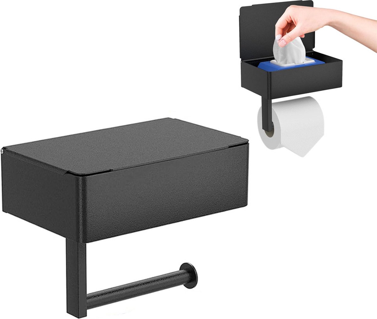Toilet Roll Holder - Toilet Roll Holder with Shelf - Toilet Paper Holder - Small Shelf & Tray - Shelf Storage Space - Self-Adhesive or Drill-Removed - Bathroom Accessories - Water Resistant - Black - Image 1