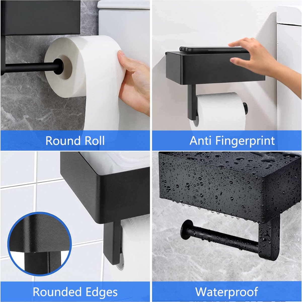 Toilet Roll Holder - Toilet Roll Holder with Shelf - Toilet Paper Holder - Small Shelf & Tray - Shelf Storage Space - Self-Adhesive or Drill-Removed - Bathroom Accessories - Water Resistant - Black - Image 3