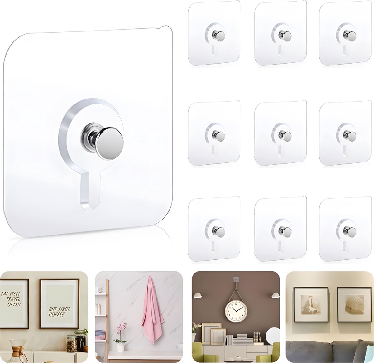 Self-Adhesive Nails - 10 Pieces - Adhesive Stick-on Nails - Hanging System - Towel Hook - Stick-on Hooks - Adhesive Screw - Picture Hanger - Flat Head - No Drilling Required - High Load Capacity - Wall Hooks - Hook - Image 1