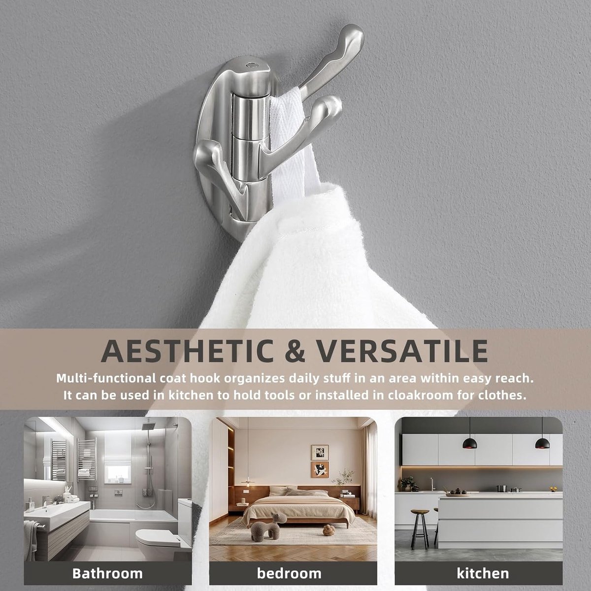 Wall Hook - Swivel Hooks - Foldable Towel Hook - Triple Hook - Hooks - Hanging Hooks - Wall Hook - Coat Hook - Towel Hanger - Towel Hooks - Coat Rack Hook - Coat Rack Hooks - Hat Hook - Metal - For Bathroom, Kitchen - Brushed Silver - Image 3