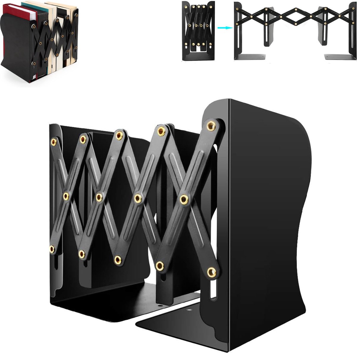 Bookend - Book Stand - Book Holder - Book Support - Bookends - Magazine Holder - Adjustable - Stylish Design - Non-Slip Feet - Multifunctional Use - For Shelves, Office, Library, Home and School - Metal - Black - Image 1