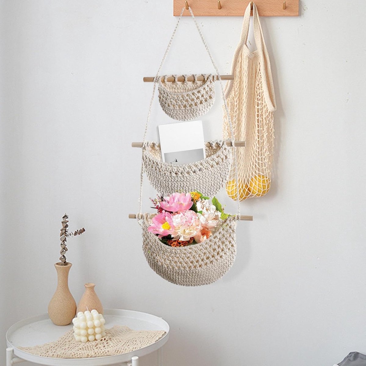 Hanging Organizer - Hanging Storage - Wall Organizer - Storage Bags - Hanging Wardrobe - Wall Bag - Over-the-Door Hanging Wall Organizer - Hanging Bag - Wall Basket - Fabric - Linen Hanging Basket - For Entrance, Wardrobe, Closet, Bathroom, Door - With 3 - Image 2