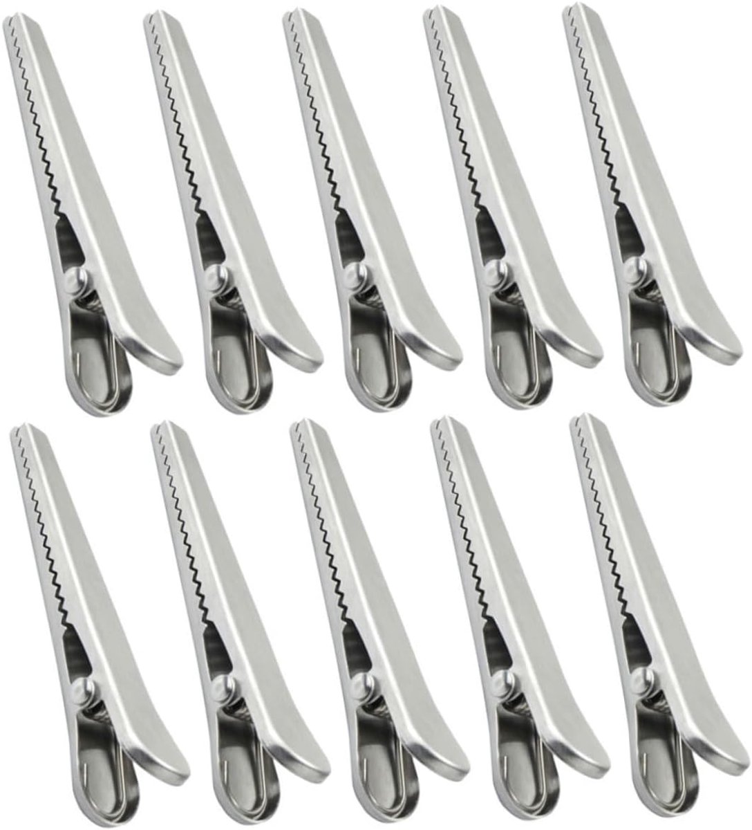 10 pieces - sealing clips - High clamping force closure clips - Freshness clips - Bag clips - Alligator clips - Easy to use - Multifunctional - for kitchen and home - for Candy & Snack Packaging - stainless steel - silver - 11.5cm - Image 1