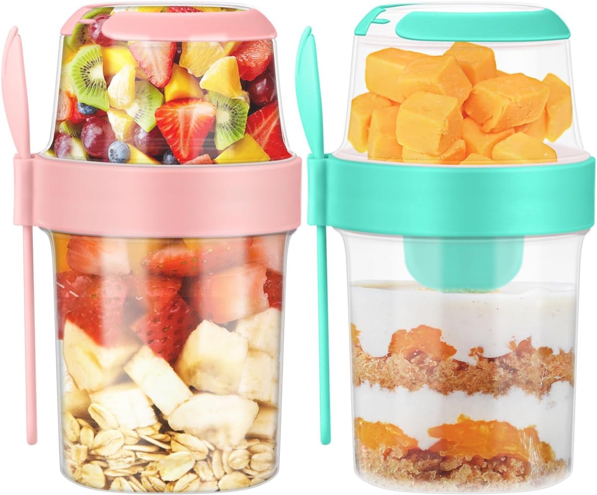 Yogurt Cup - Yogurt Cup To Go - Lunch Pot - BPA-Free - With Spoon - Muesli Cup To Go - Lunch Cup - Lunch Box - Lunch Container - Takeaway - Leakproof - Medium - 560 + 310 ml - Salad To Go - Salad Box - Pink and Green - Sustainable - Image 1
