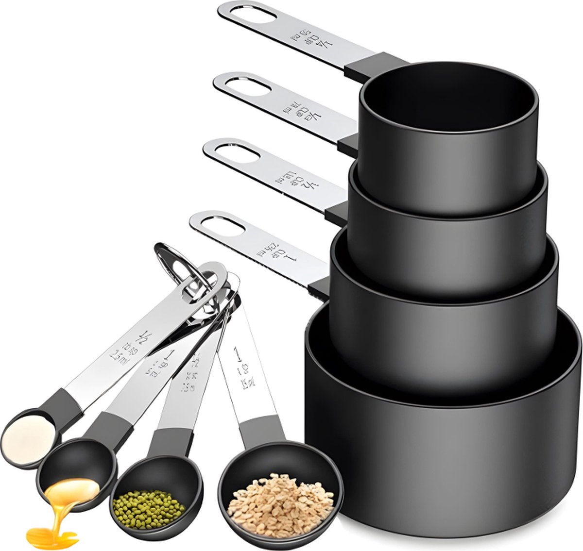 8-Piece Set of Measuring Spoons & Cups - Measuring Cups - Measuring Cups - Scoops in Various Sizes - Cups & Spoons - Durable - Practical - For Precise Weighing and Measuring - Black - Image 1