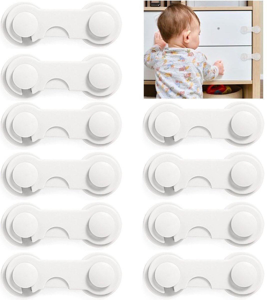 10 Pieces - Child Lock - Drawer Child Lock - Refrigerator Lock - Cabinet Child Locks - Cabinet Door Child Safety - Child Security - No Drilling Required - Safety Lock - Door Security - Baby Lock - Child Locks - Drawer Lock - White - Cabinet & Drawer Secur - Image 1