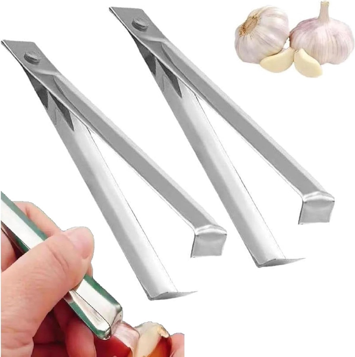 Garlic Peeler - 2 Pieces - Fishbone Tweezers - Tweezers - Kitchen Tweezers - Kitchen Aid - Silver-colored - Ergonomic Handle - Easy to Use - 10.9cm - Stainless Steel - Image 1