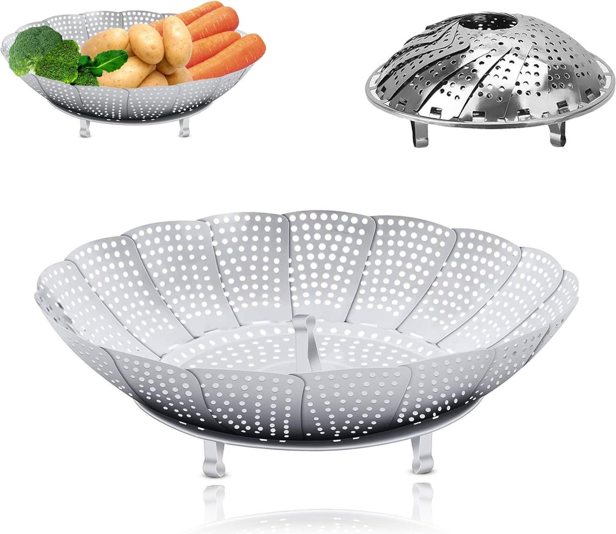 Steamer Basket - Vegetable Steamer - Stainless Steel - Steaming Rack - Steamer Basket Pan - Adjustable - Foldable Steamer Basket - Diameter 24 Cm - Steam Flower - Steamer Basket - For Vegetables, Pans and Various Cooking Processes - Silver - 1 Piece - Image 1