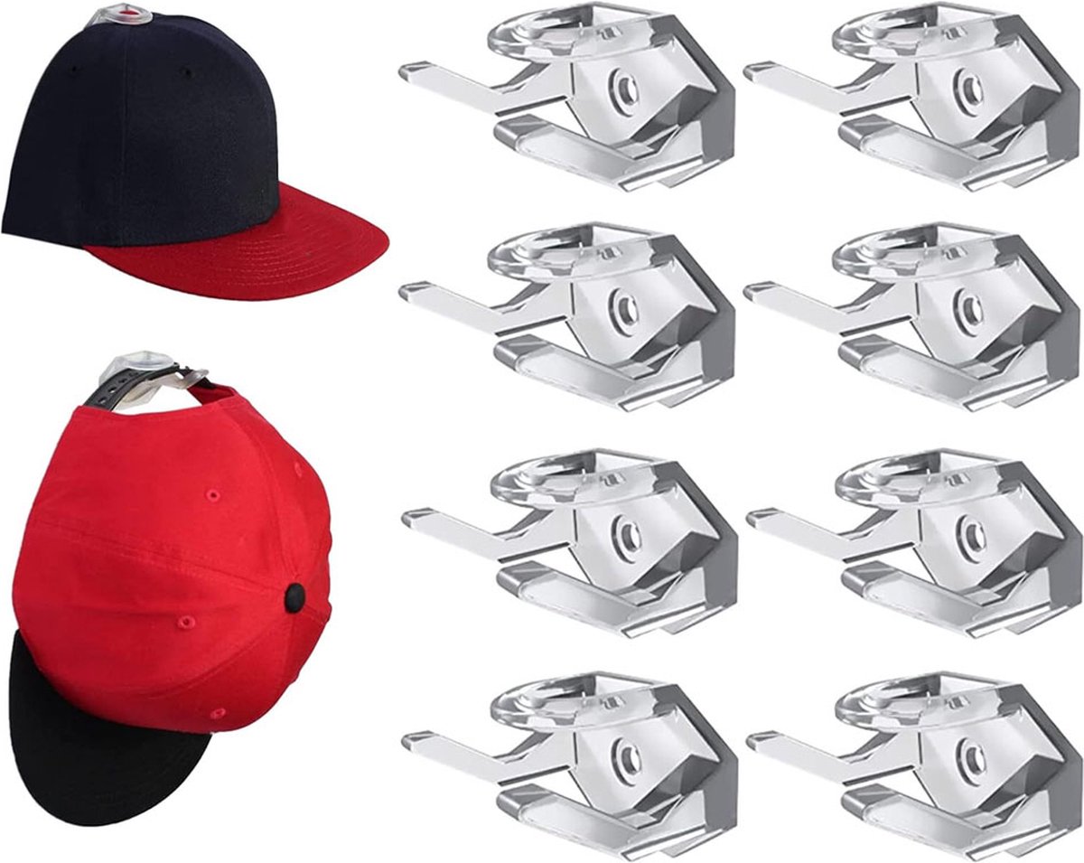 Cap Rack Set of 8 - Wall Cap Holders - Cap Hooks - With Screws and Tape - Two Installation Methods - Cap Rack Coat Rack - Cap Rack Storage System - Cap Storage Bag - Hat Holder - Cap Organizer - Double Suspension - Transparent - Image 1
