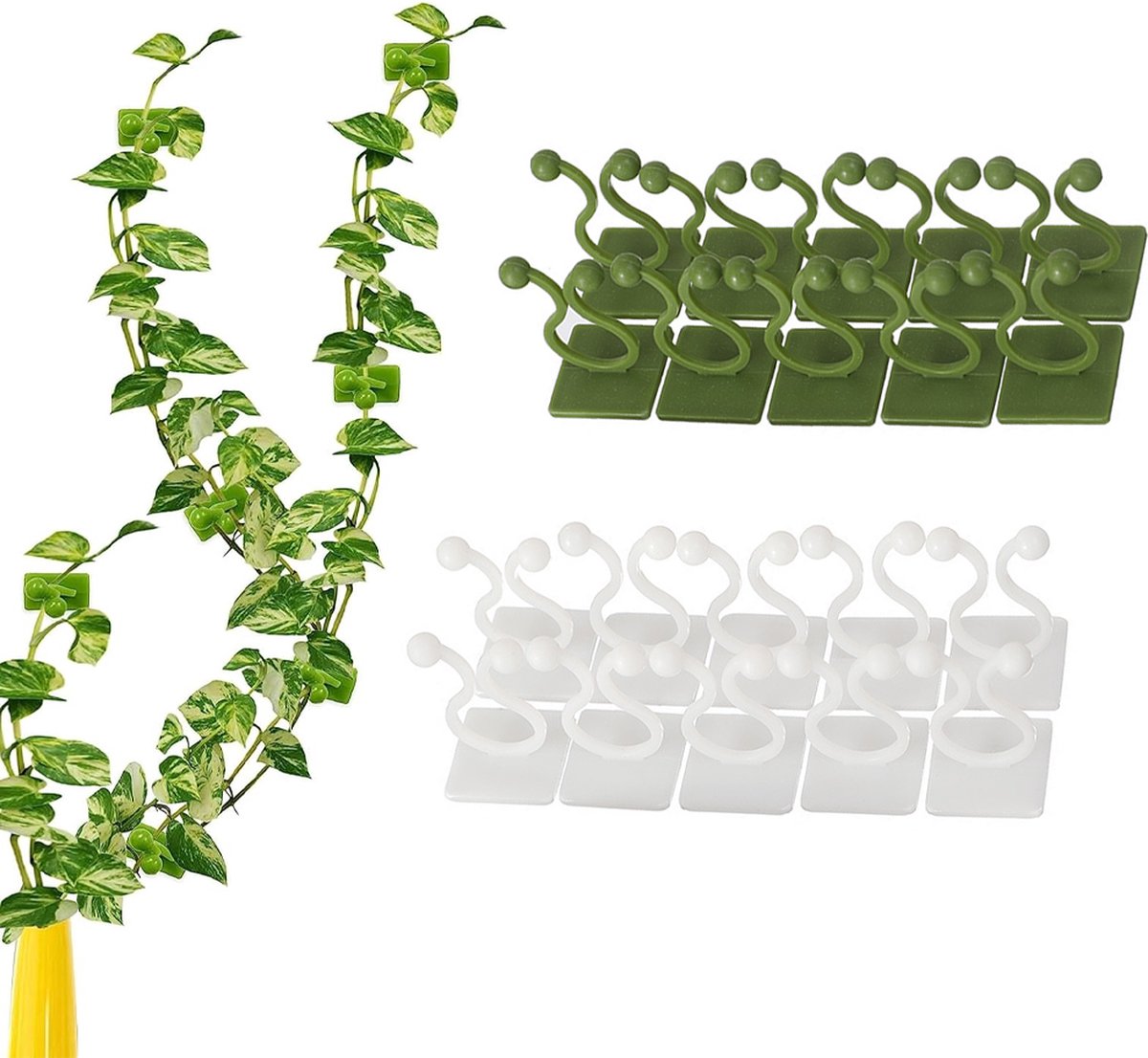 Plant Clips - Plant Clips - Climbing Plant Guide - Tie Up - Plant Support - Garden Clips - Cable Organizer - Wall-Mounted Plant Clips - For Indoor Use - Wall Mounting - Multi-purpose - Reusable - Self-Adhesive - Green/White - Image 1