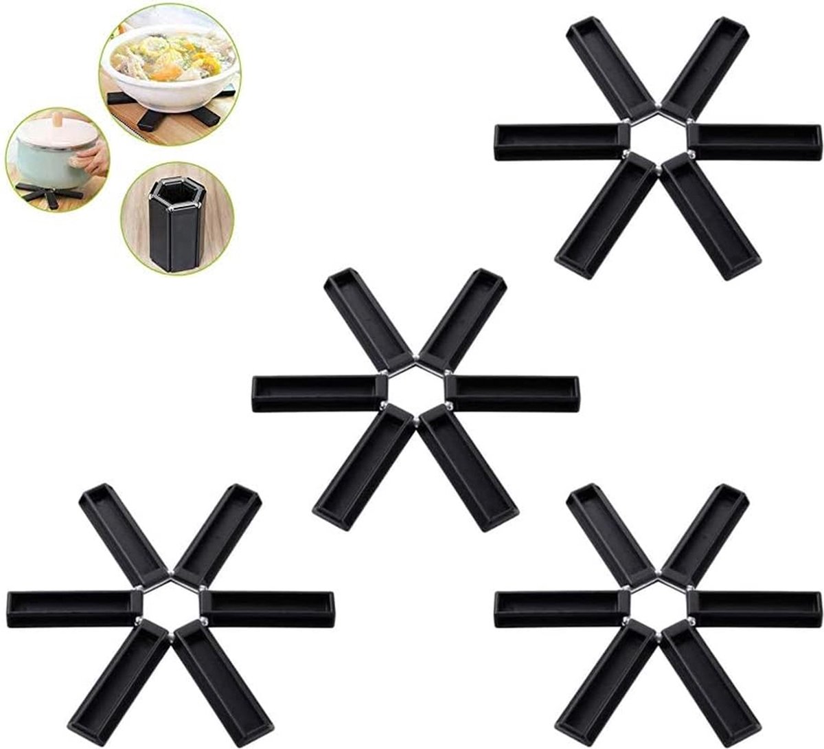 Pot Coaster - 4 Pieces - Coaster - Pot Holders - Pot Rack - Foldable - Heat Resistant - Non-Slip - Stylish Design - Practical - Foldable - Durable - Washable - For Pots, Pans, Bowls - Black - Image 1