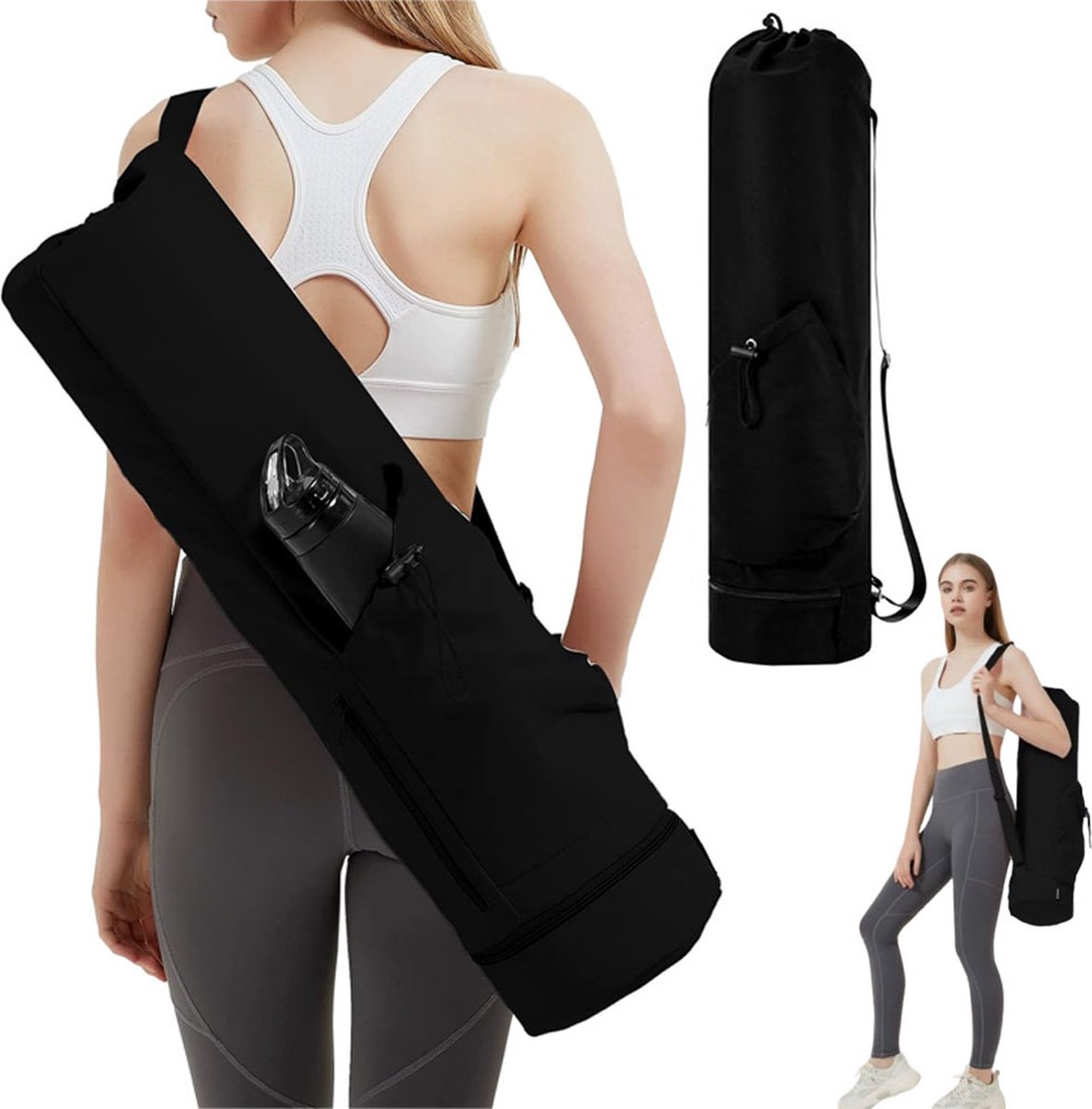 Yoga Mat Bag - Yoga Bag with Drawstring and Storage Compartment - Yoga Bag - Fitness Bag - Sports Bag - Pilates Bag - Waterproof - Universal - Gymnastics Mat Bag - Shoulder Bag - Multifunctional Storage Bag - Equipped with Carrying Strap - Black - Image 1