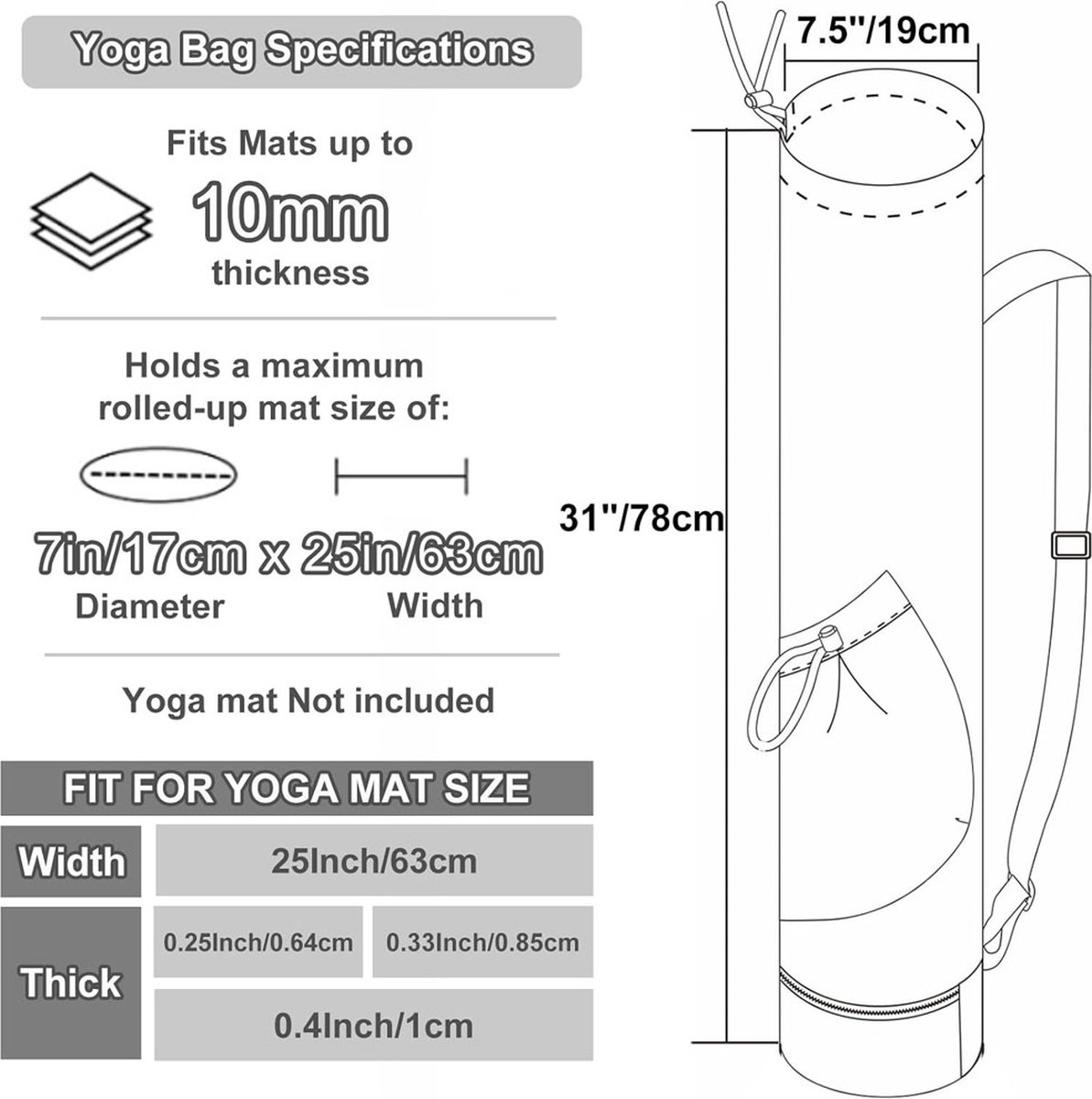 Yoga Mat Bag - Yoga Bag with Drawstring and Storage Compartment - Yoga Bag - Fitness Bag - Sports Bag - Pilates Bag - Waterproof - Universal - Gymnastics Mat Bag - Shoulder Bag - Multifunctional Storage Bag - Equipped with Carrying Strap - Black - Image 2