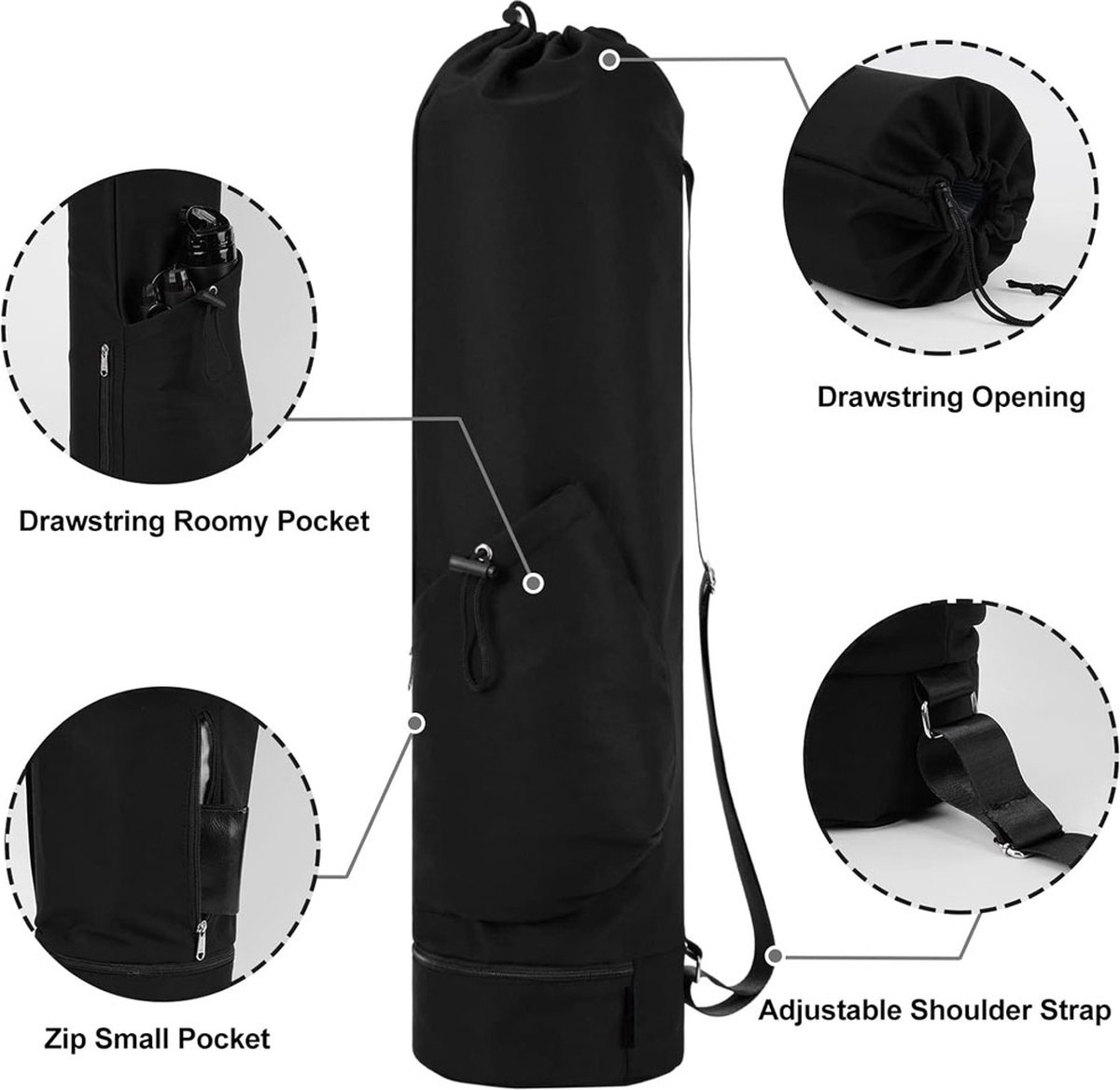 Yoga Mat Bag - Yoga Bag with Drawstring and Storage Compartment - Yoga Bag - Fitness Bag - Sports Bag - Pilates Bag - Waterproof - Universal - Gymnastics Mat Bag - Shoulder Bag - Multifunctional Storage Bag - Equipped with Carrying Strap - Black - Image 3