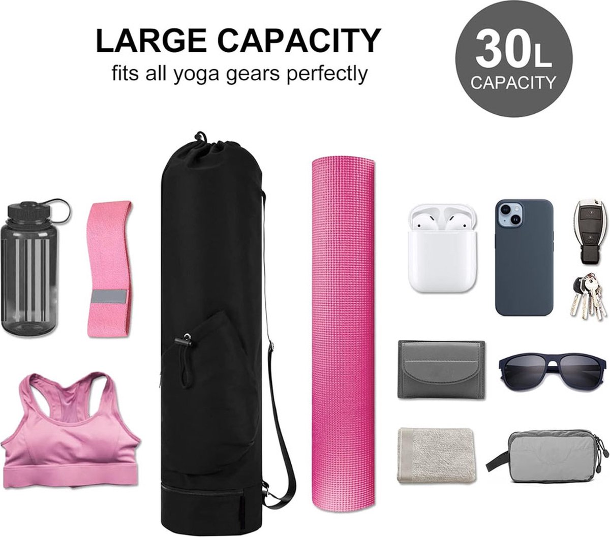 Yoga Mat Bag - Yoga Bag with Drawstring and Storage Compartment - Yoga Bag - Fitness Bag - Sports Bag - Pilates Bag - Waterproof - Universal - Gymnastics Mat Bag - Shoulder Bag - Multifunctional Storage Bag - Equipped with Carrying Strap - Black - Image 4