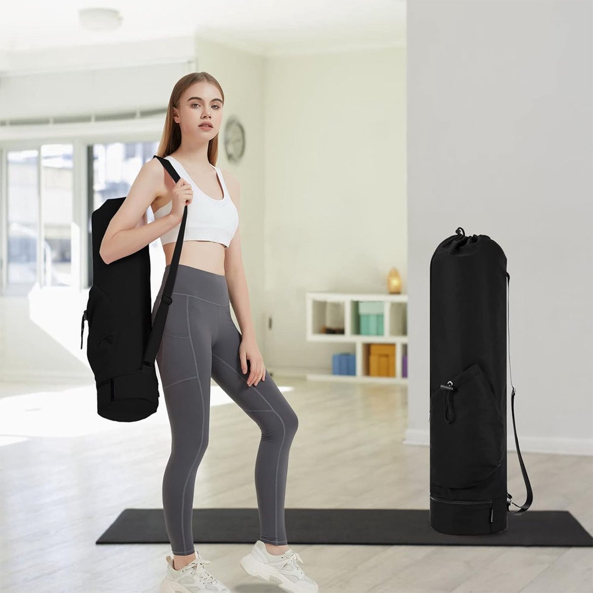 Yoga Mat Bag - Yoga Bag with Drawstring and Storage Compartment - Yoga Bag - Fitness Bag - Sports Bag - Pilates Bag - Waterproof - Universal - Gymnastics Mat Bag - Shoulder Bag - Multifunctional Storage Bag - Equipped with Carrying Strap - Black - Image 5