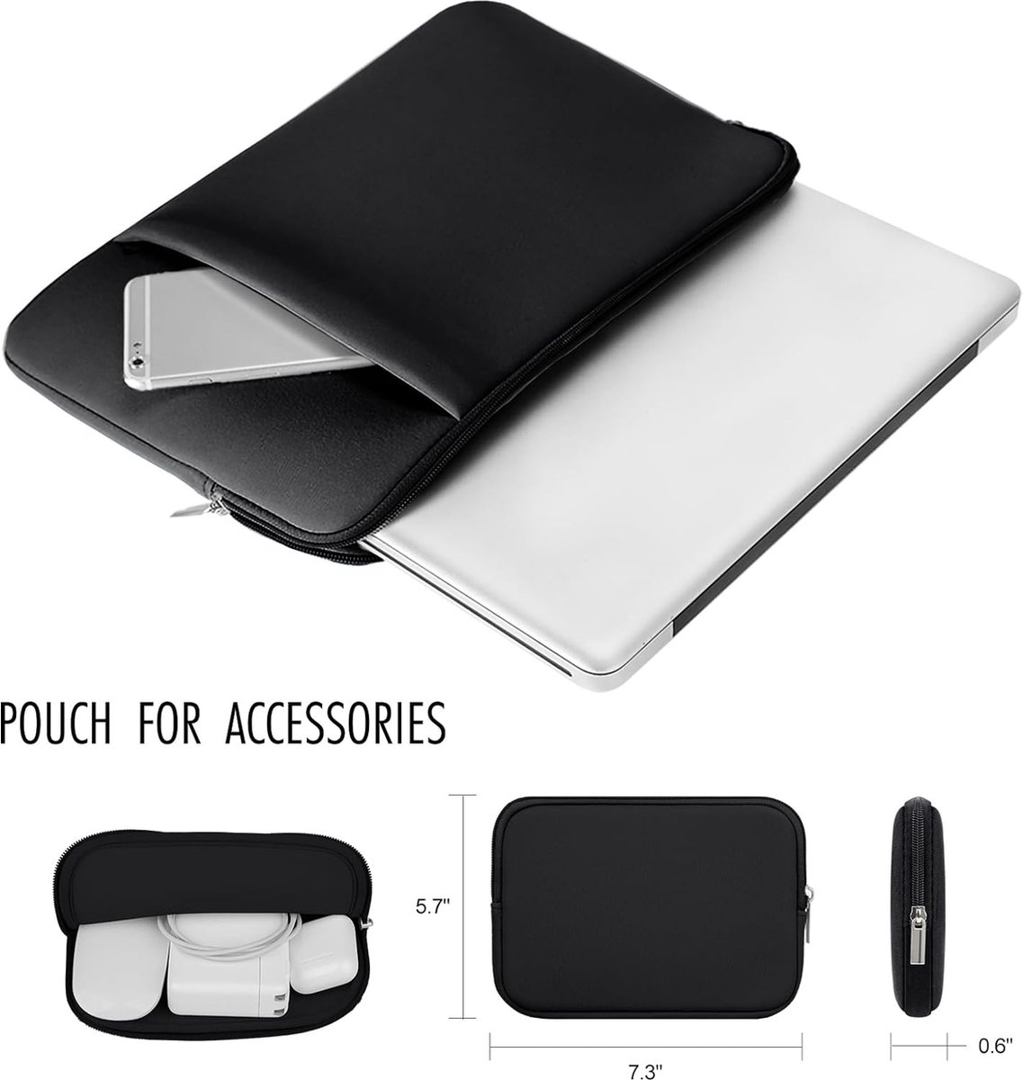 Laptop Sleeve / Pouch - 15.6 Inch - 2-Piece Extra Compartment - Laptop Sleeve with Pouch - Women's / Men's Laptop Bag - Macbook Case with Zipper - Laptop Sleeve - Laptop Case - Laptop Cover - Black - Shockproof - Scratchproof - Durable - Image 2