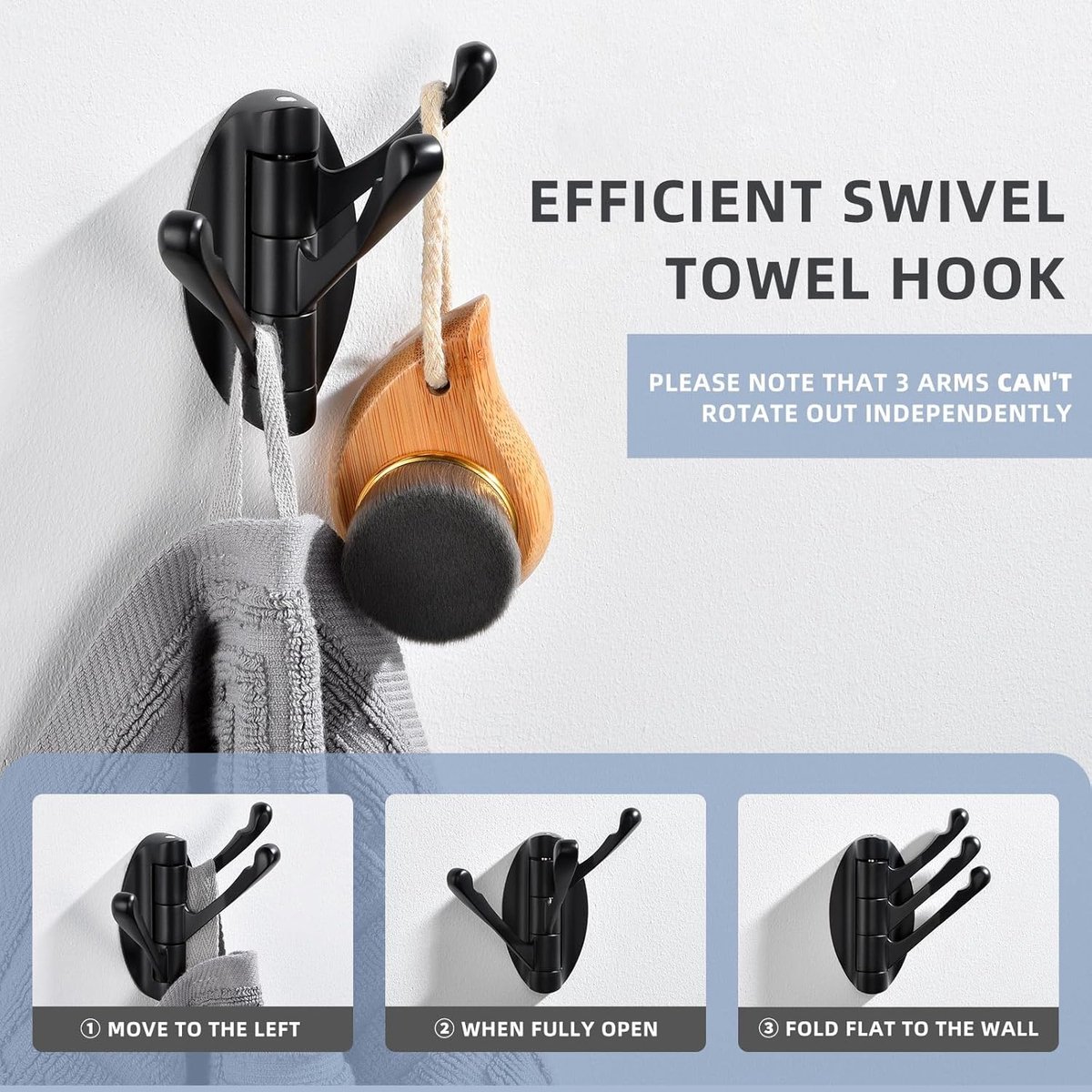 Wall Hook - Swivel Hooks - Foldable Towel Hook - Triple Hook - Hooks - Hanging Hooks - Wall Hook - Coat Hook - Towel Hanger - Towel Hooks - Coat Rack Hook - Coat Rack Hooks - Hat Hook - Metal - For Bathroom, Kitchen - Matte Black - Image 3