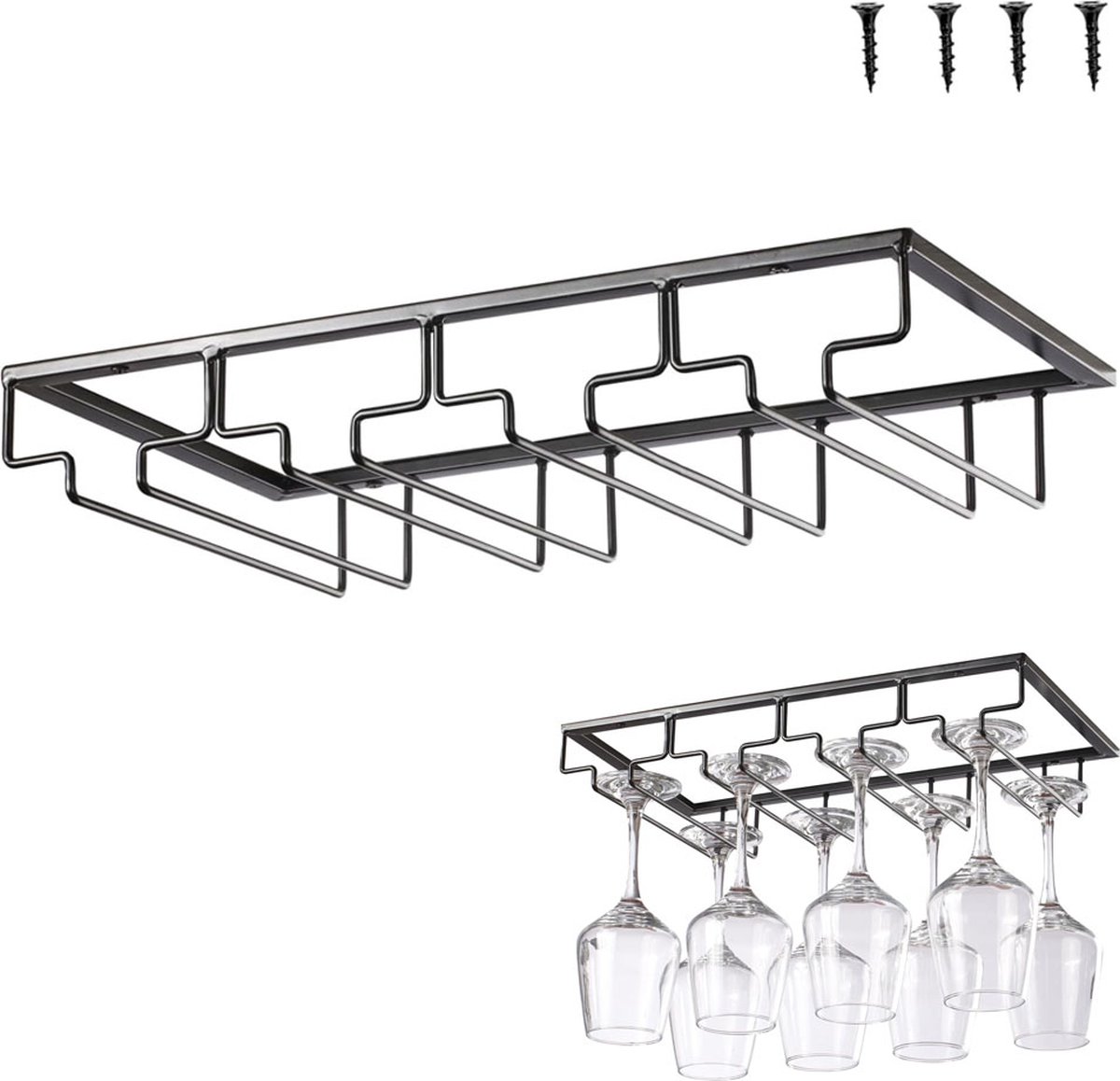 Wine Glass Holder - Wine Glass Hanging Rack - Wine Glass Rack - Glass Rack - Wine Glass Holder - Wine Rack - 4 Rows - Wine Glass Holder - Wine Glass Rack - Wine Glass Organizer - Glass Hanging Rack - For Bar, Kitchen and Cafe - Black - Includes Mounting H - Image 1