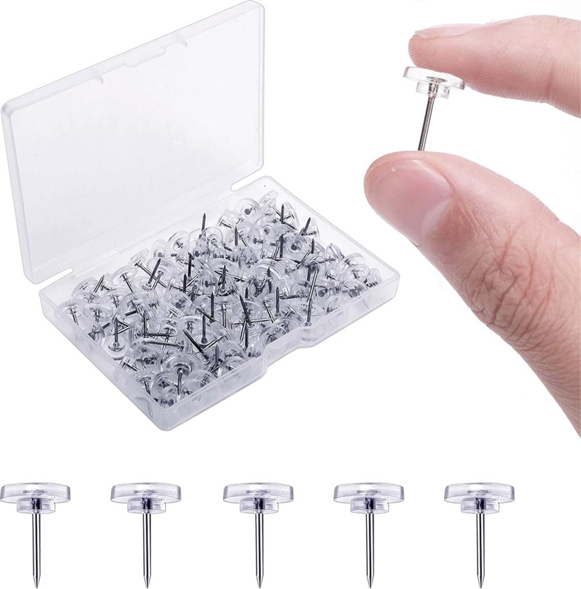 Thumbtacks - Set of 100 Pushpins - Reusable - For Bulletin Board, Memo Board, or World Map - Easy to Carry - Transparent - Everyday Life Aids - Image 1