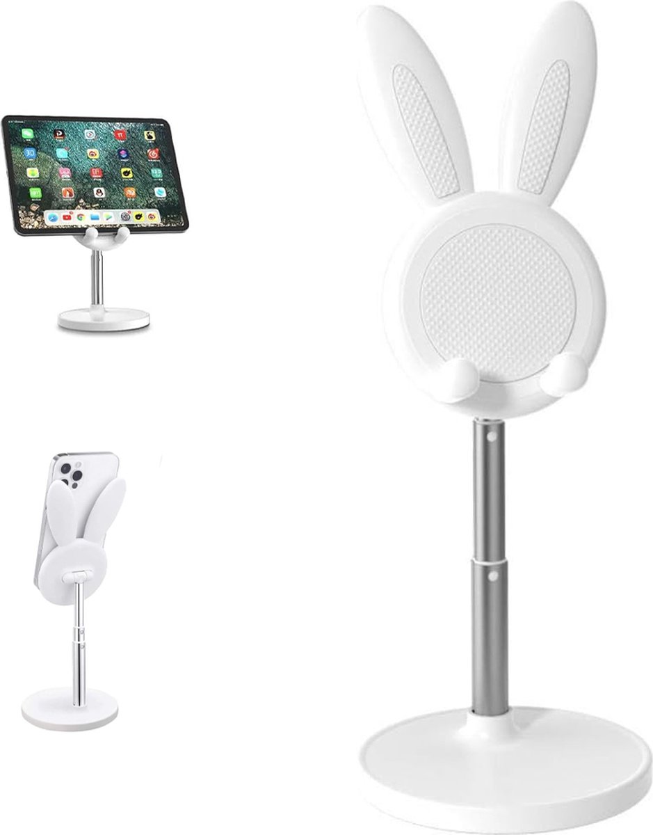 Phone Stand - Mobile Phone Stand - Phone Holder - Stand - For Desk - Angle Adjustable - Desk Holder Support - Cute Rabbit - Universal - For Mobile Phones And Tablets - White - Image 1