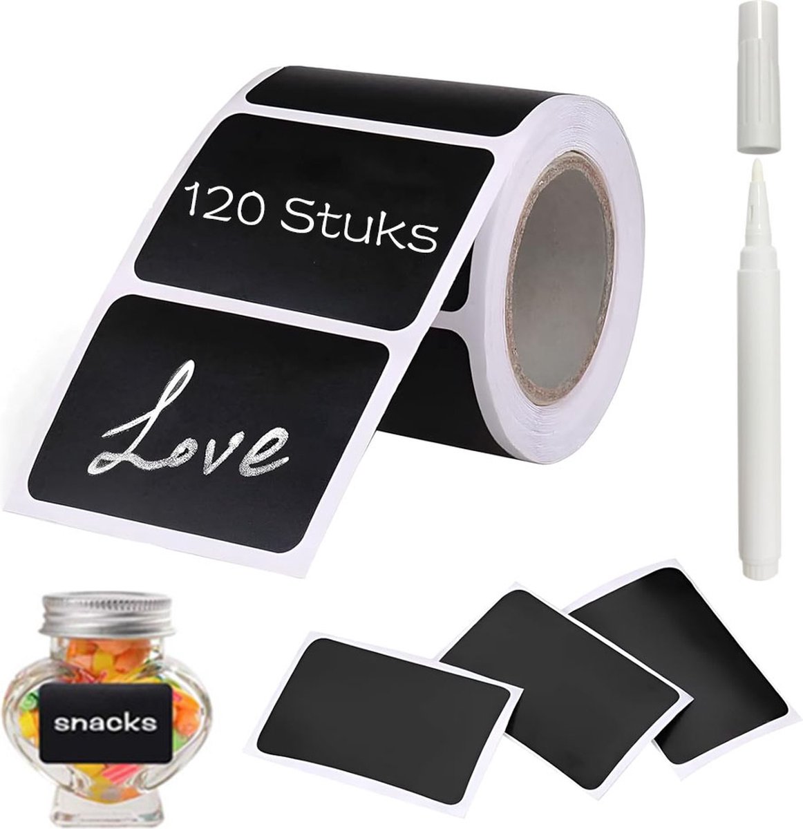 Chalkboard Stickers on a Roll - 120 Stickers - Chalk Sticker - 5.5 x 3.5 cm - Blackboard Label - Blackboard Sticker - Spice Stickers - Spice Labels - Spice Jars - Kitchen Labels - Household Labels - Label Stickers - Incl. 1 Chalk Marker - Image 1