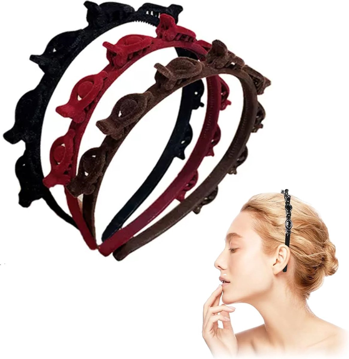 3-Piece Hairband with Clip - Tiara - Double-Layered Twist Braid Headband/Hairband/Tiara with Clips - Tiara with Hairpin - Hair Accessories - Elegant Headband for Women and Girls - Black / Brown / Red - Braided Hair Clip - Durable - Image 1