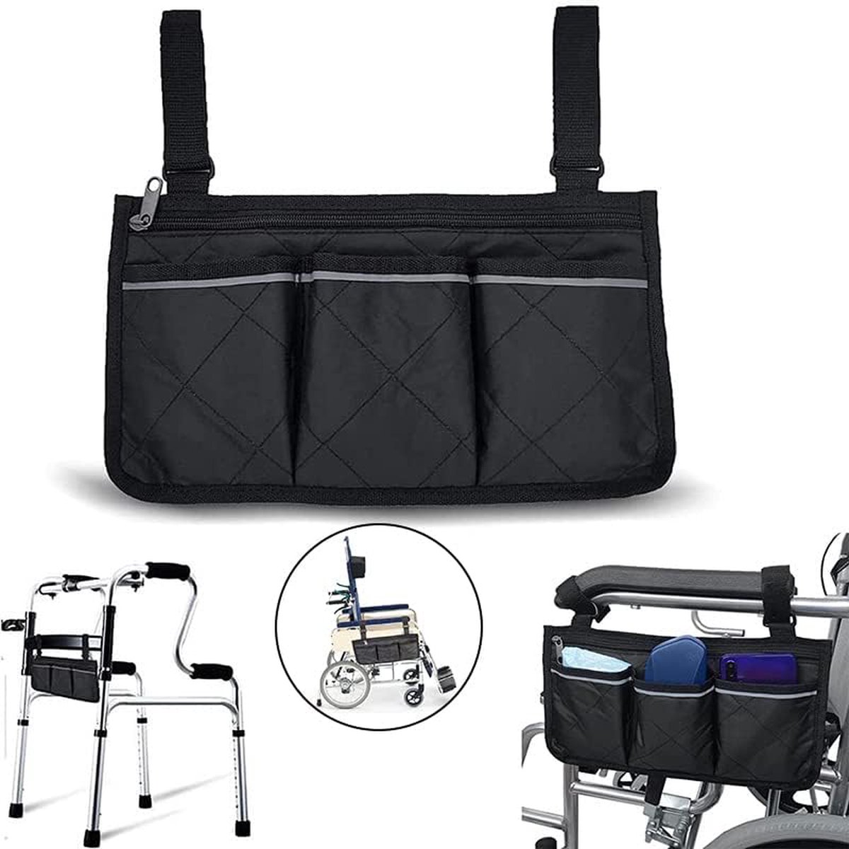 Wheelchair Armrest Storage Bag - Wheelchair Bag with 4 Storage Compartments - 32.5 x 18 cm - Waterproof Armrest Bag - with Safety Reflective Stripe - Universal Wheelchair Side Bag - Wheelchair Bag - Mobility Scooter Bag - Wheelchair Shopping Bag - Black - Image 1