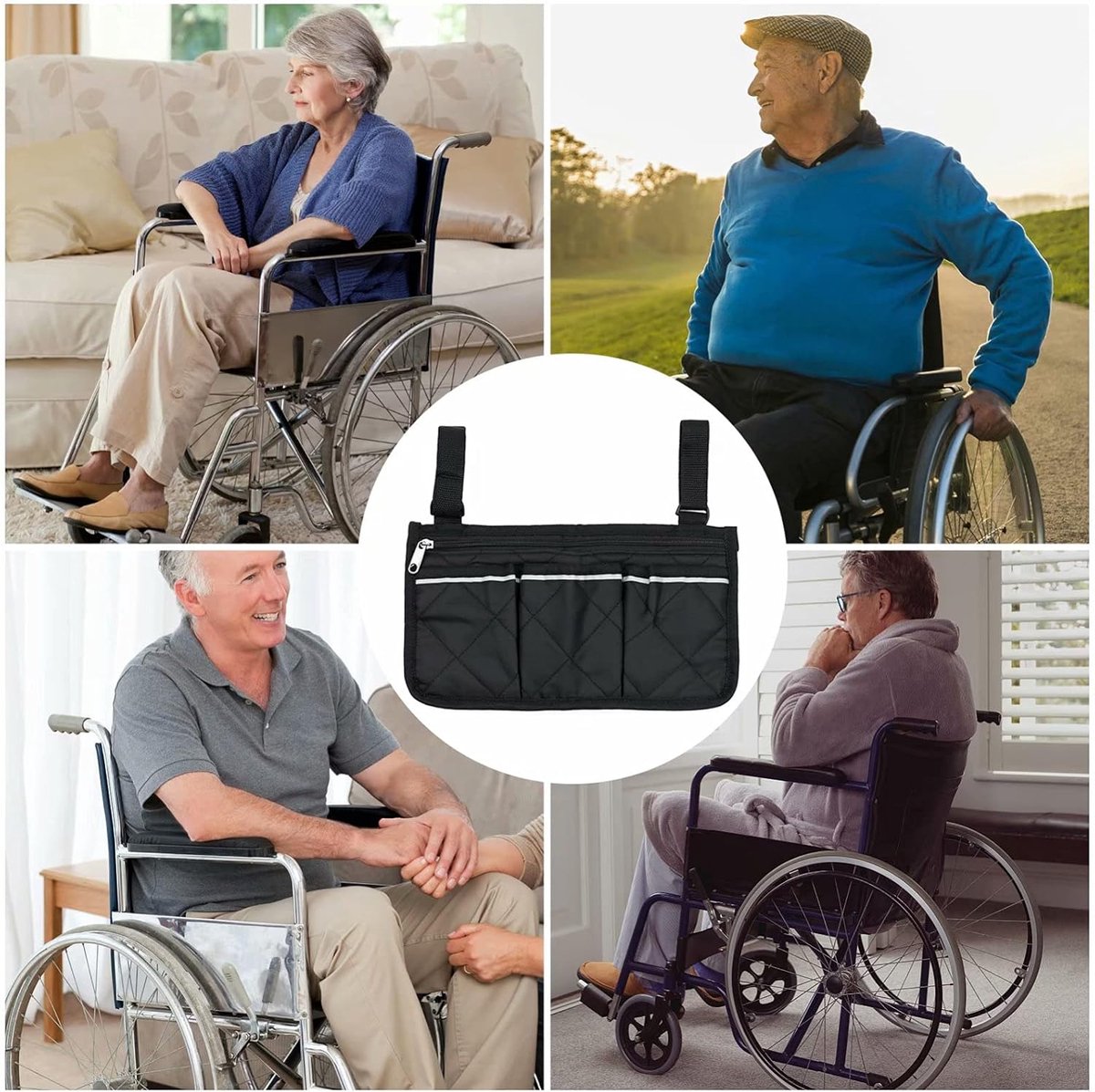 Wheelchair Armrest Storage Bag - Wheelchair Bag with 4 Storage Compartments - 32.5 x 18 cm - Waterproof Armrest Bag - with Safety Reflective Stripe - Universal Wheelchair Side Bag - Wheelchair Bag - Mobility Scooter Bag - Wheelchair Shopping Bag - Black - Image 4