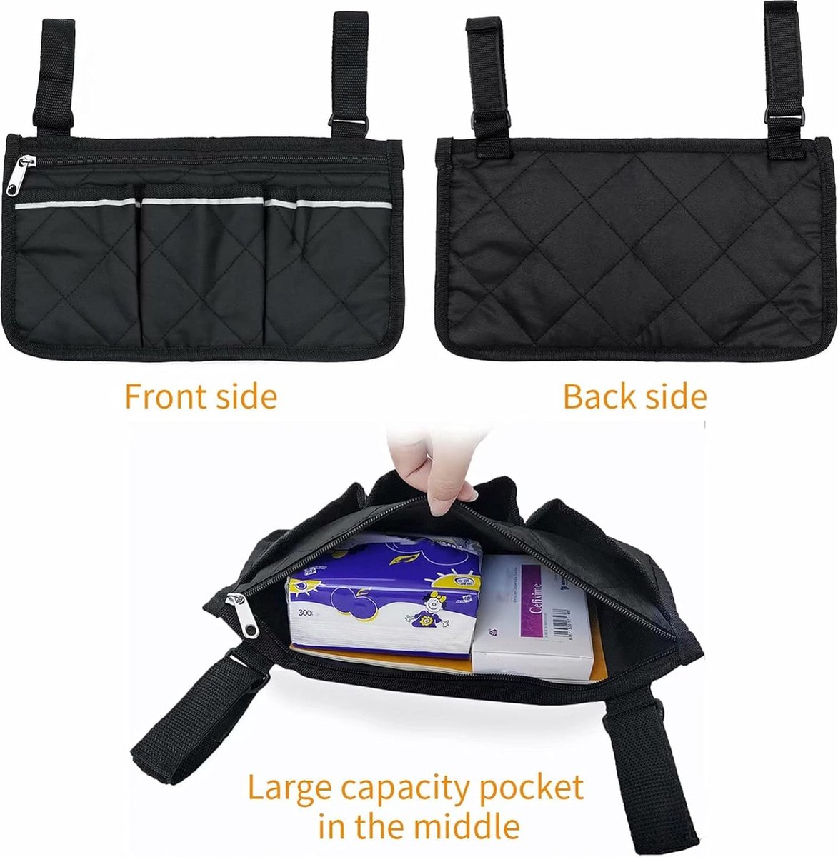 Wheelchair Armrest Storage Bag - Wheelchair Bag with 4 Storage Compartments - 32.5 x 18 cm - Waterproof Armrest Bag - with Safety Reflective Stripe - Universal Wheelchair Side Bag - Wheelchair Bag - Mobility Scooter Bag - Wheelchair Shopping Bag - Black - Image 5