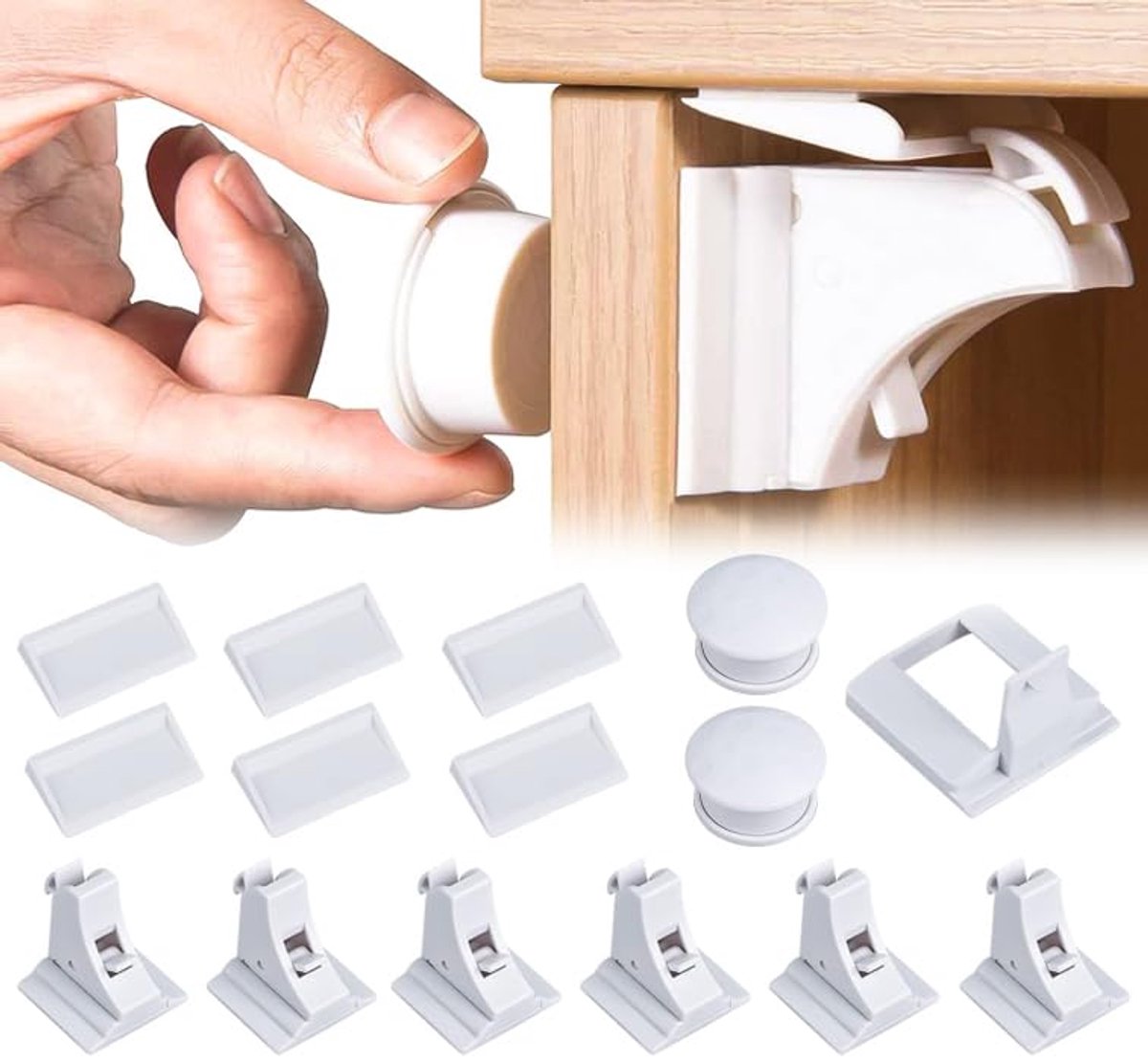 Magnetic Child Lock for Cabinets - Self-Adhesive Safety Hooks - 6 Locks and 2 Keys - Magnetic Lock - Cabinet Security for Children - Baby Toddler Magnetic Security for Cabinet, Door, and Drawer - Magnetic Closure - No Drilling or Screws - White - Image 1