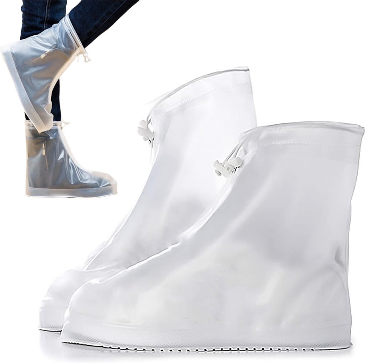 Rain Overshoes - Unisex - Sturdy Shoe Covers - With Zipper and Drawstring - Shoe Cover - Waterproof Shoe Protectors - Motorcycle Scooter Bicycle Shoe Cover - Shoe Cover - Rain Cover - Protects Against Rain and Dirt - White - Size 40/41 - Image 1
