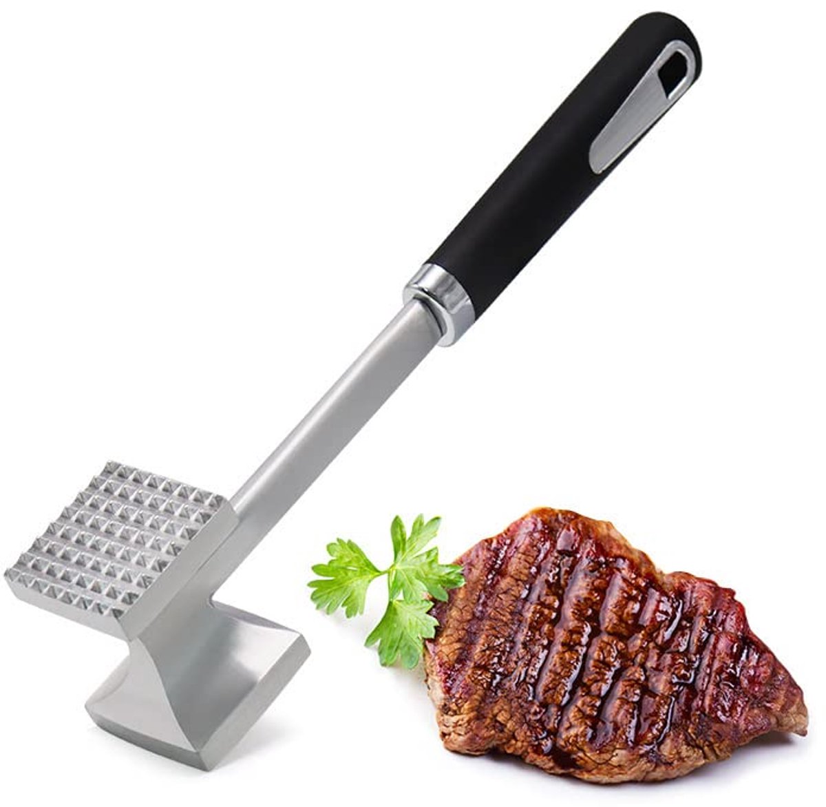 Meat Hammer - Professional Meat Hammer - Ergonomic Handle - Easy to hold - practical - Robust design - Meat Tenderizer - BBQ accessories - for Schnitzels Steak Beef - Meat Stamper - Kitchen Utensils - aluminum - silver - Image 1