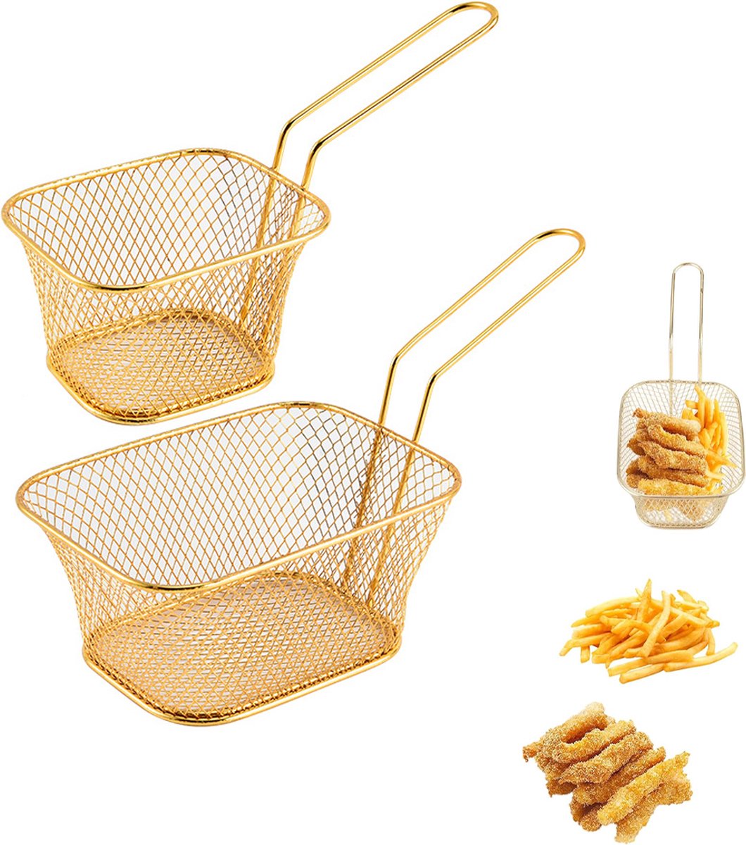 Frying Basket - 2 Pieces - Frying Colander - Frying Scoop - Vegetable Cooker - Draining Rack - Snack Serving Basket - For Fries And Snacks - Stainless Steel - With Handle - Serve Fries/Snacks In A Basket - Rectangle - Gold - Image 1