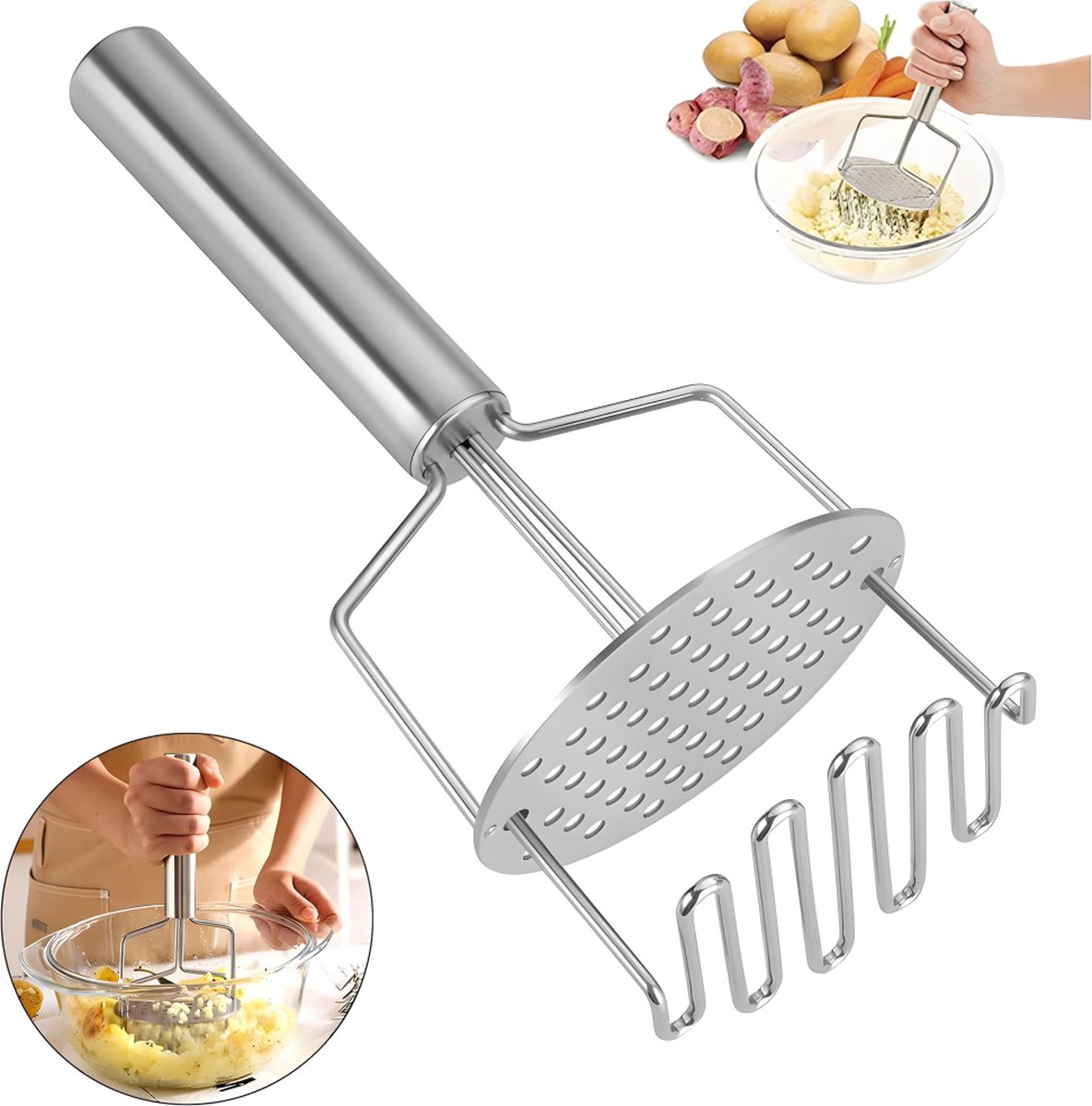 Potato Press - Stainless Steel - Potato Masher - Puree Masher - Puree Squeezer - Non-Stick - Mashed Potato Masher - Double Layer Pressing - Dishwasher Safe - Robust and Durable - Automatic Rebound - Image 1