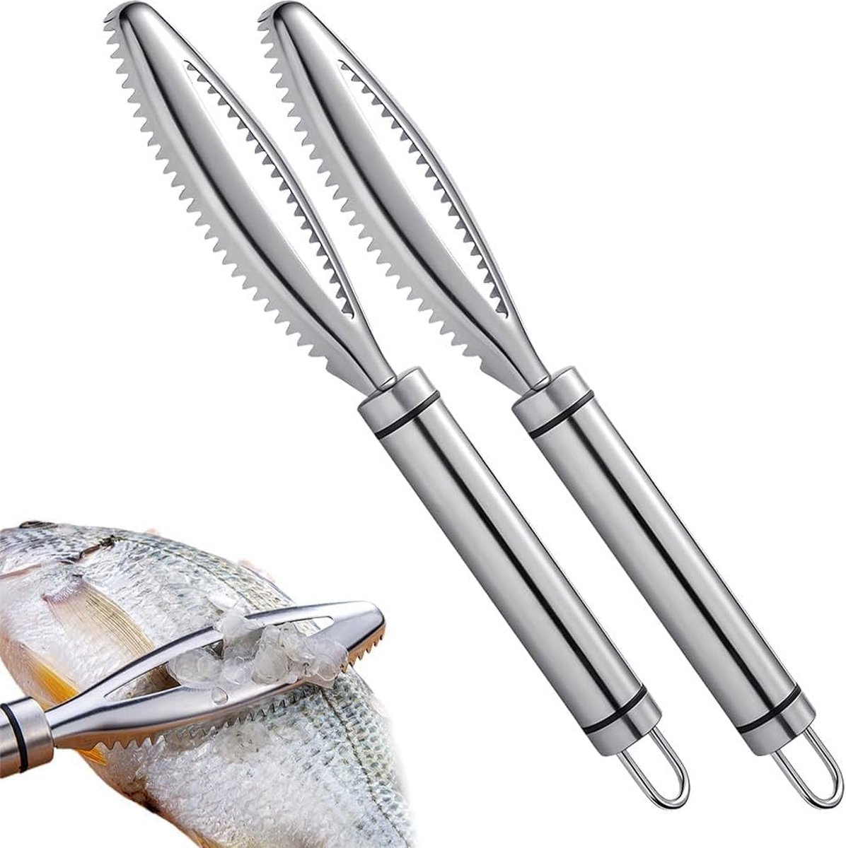 Fish Scraper - 2 Pieces - Fish Scaler Brush - Fish Scale Remover - Scale Scraper - Fish Descaler - Fish Scale Remover - Scraping Removal Tool - Kitchen Utensils - For Cookware, Seafood, Poultry - Silver - Stainless Steel - Image 1