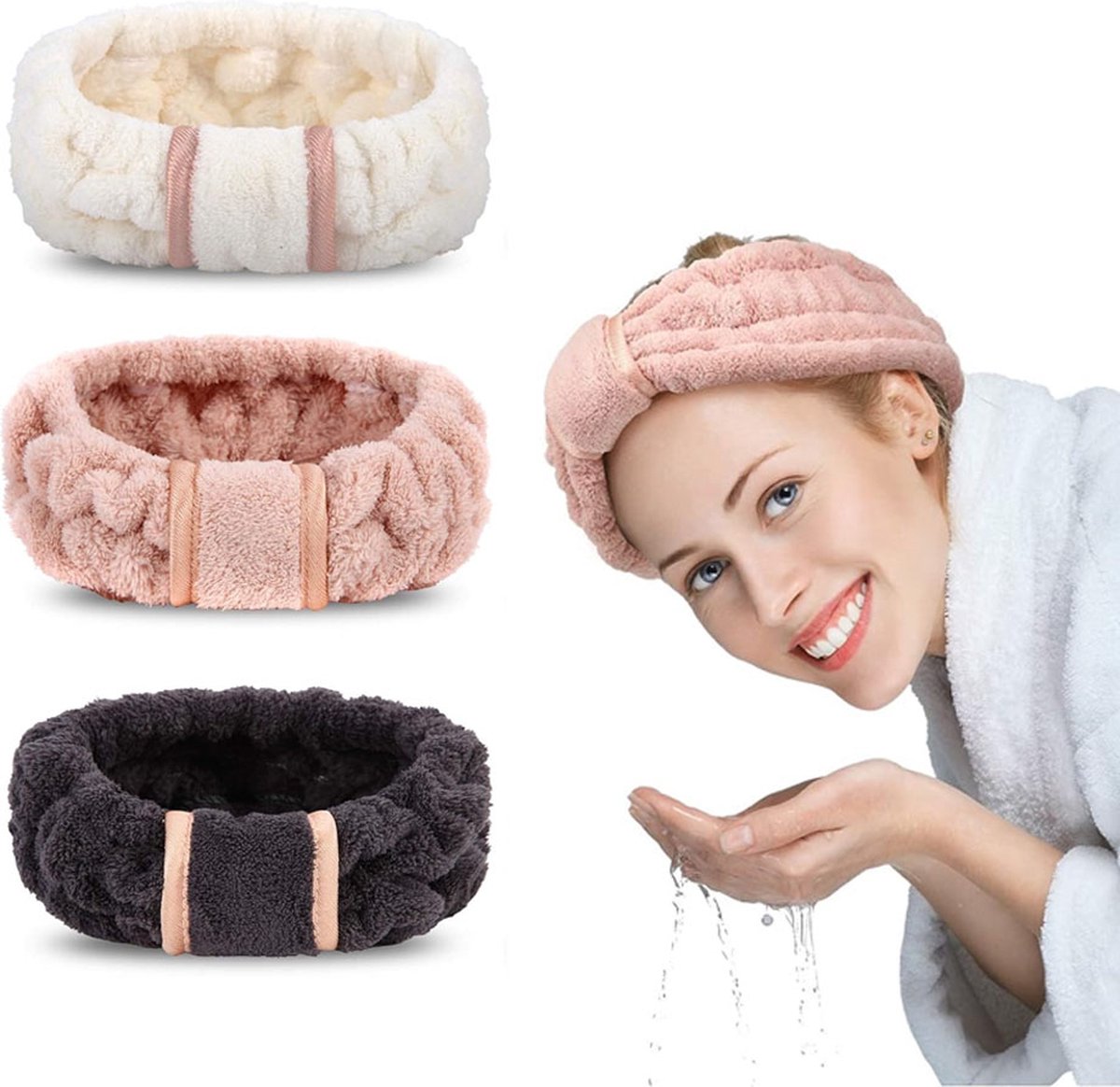 Headbands - Set of 3 - Stretchable - Face Headbands - Makeup Headbands - Cosmetic Headband - Spa Headband - Headbands for Women - Headband for Women and Girls Skincare - Off-White / Pink / Black - Image 1