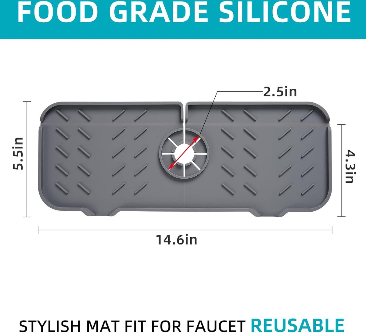 Silicone Faucet Mat - 37 x 14.5 CM - Draining Mat - Silicone Mat for Kitchen Faucet - Washbasin Splash Protection - Drain Pad - Sink Mat - Countertop Accessories - Sink - Drying Mat - Kitchen - Bathroom - Grey - Non-slip - Image 3