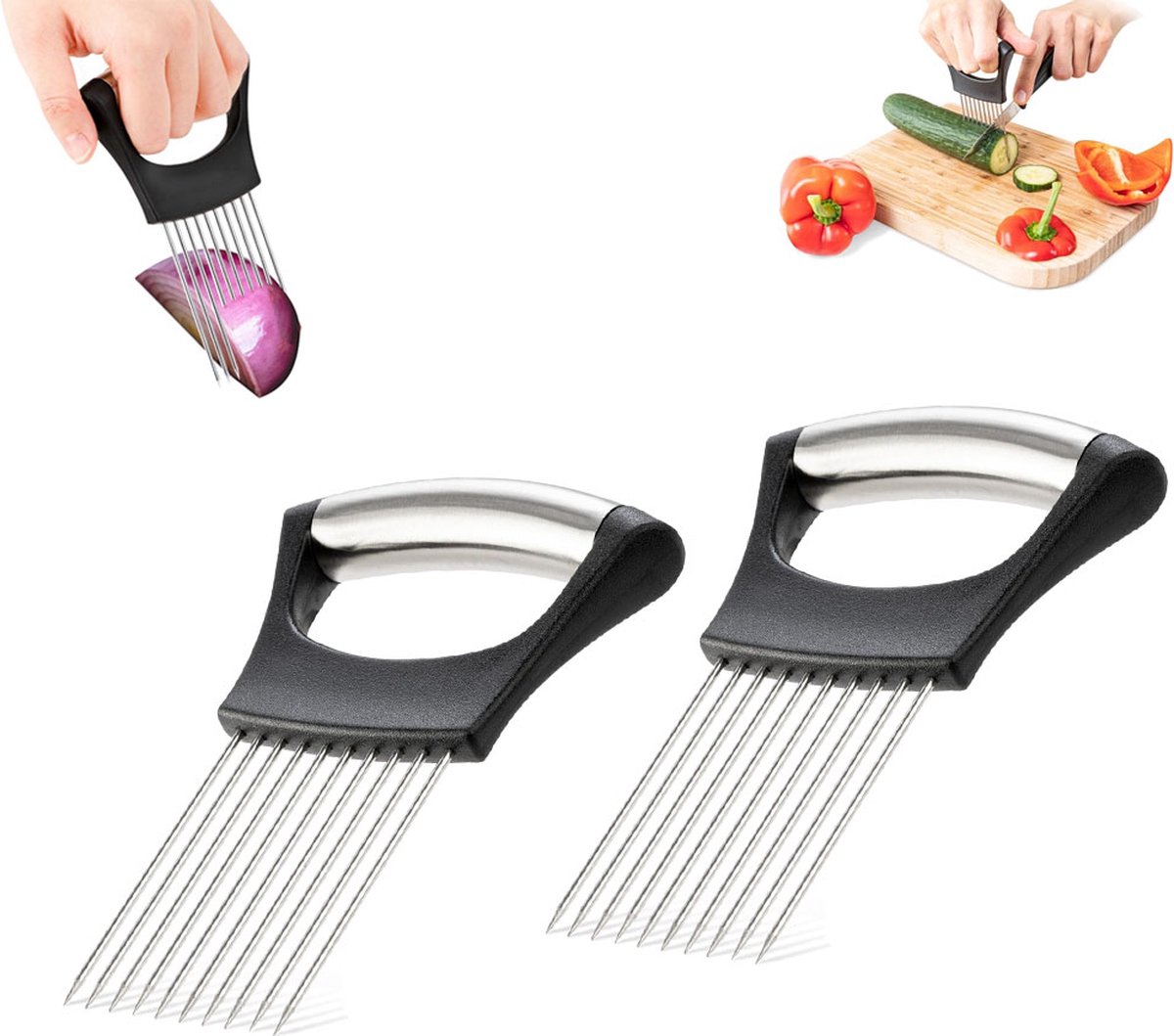 Onion Comb - 2 Pieces - Onion Slicer - Vegetable Slicer - Stainless Steel - Tomato Slicer - Potato Slicer - Finger Guard - Cutting Aid for Onions, Potatoes and Vegetables - Onion Cutting Tool - Egg Slicer - Manual - Onions - Slicer - Comb - Image 1