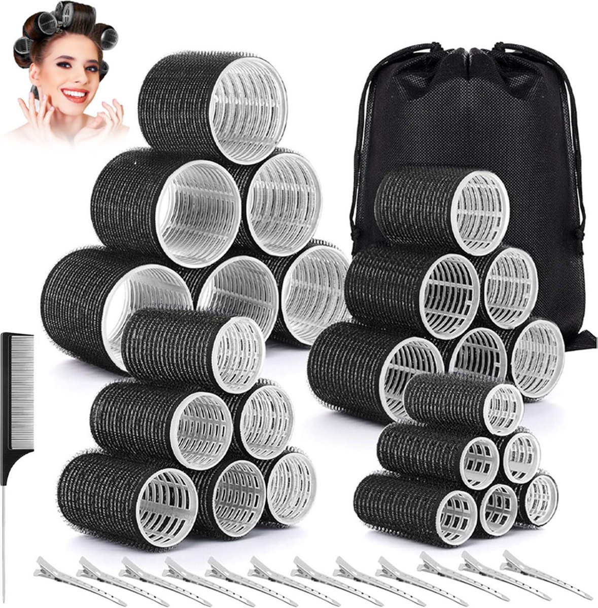 Curlers - 38 Pieces - 4 Sizes - Heatless Curls - Hair Rollers - Hair Curler - Adhesive Rollers - Hair Rollers - Curlers - Heatless Curls - Hair Curler - With Comb, 12 Hair Clips And Storage Bag - Various Curling Effects - Black - Image 1