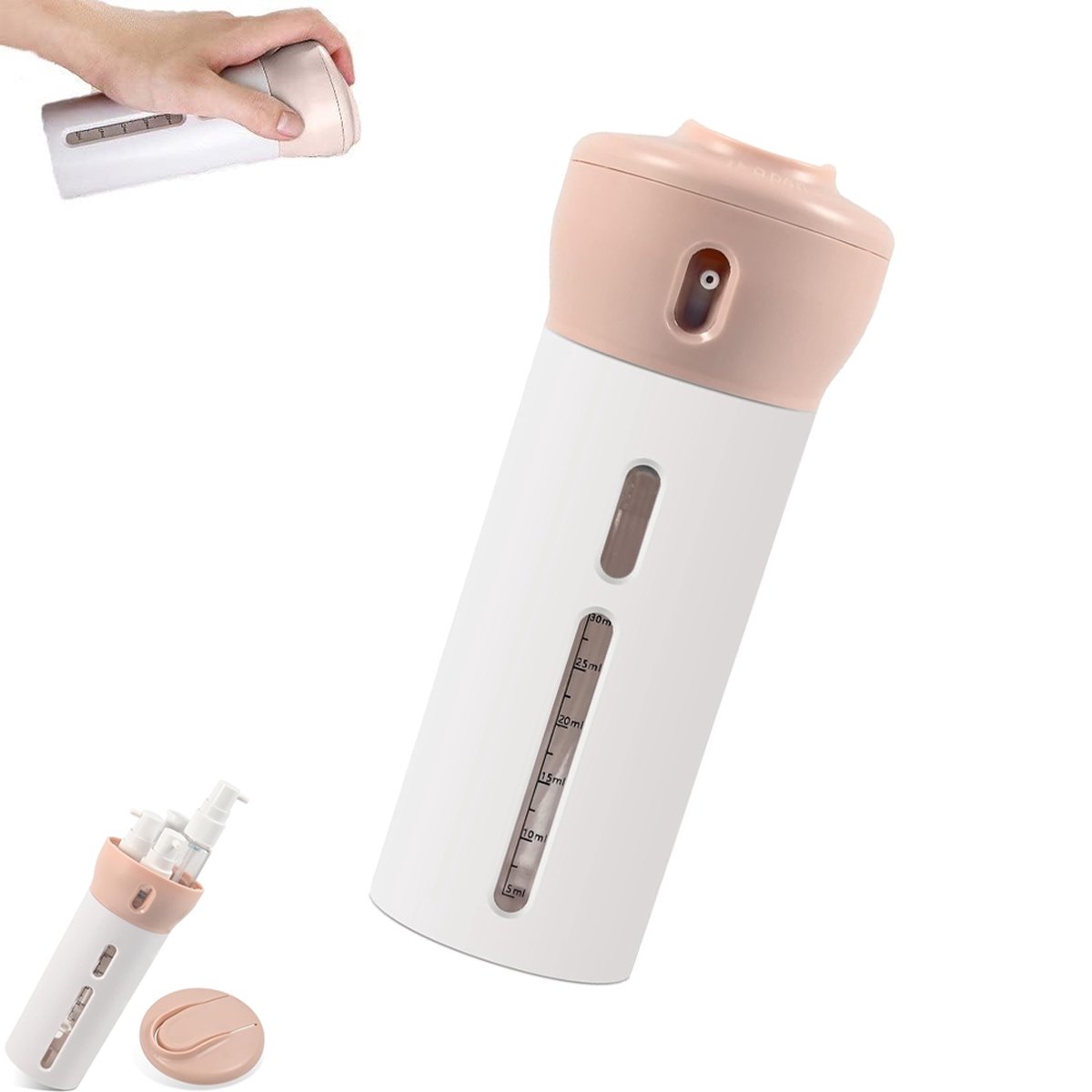 Travel Bottle - Travel Bottles - Travel Flasks - Travel Dispenser - Travel Bottle - 4 In 1 Soap Dispenser - Shampoo and Soap Dispenser - 4 In 1 Dispenser - 4 Bottles of 40 ml - Leakproof - Refillable - Travel Accessories - Pink - Image 1