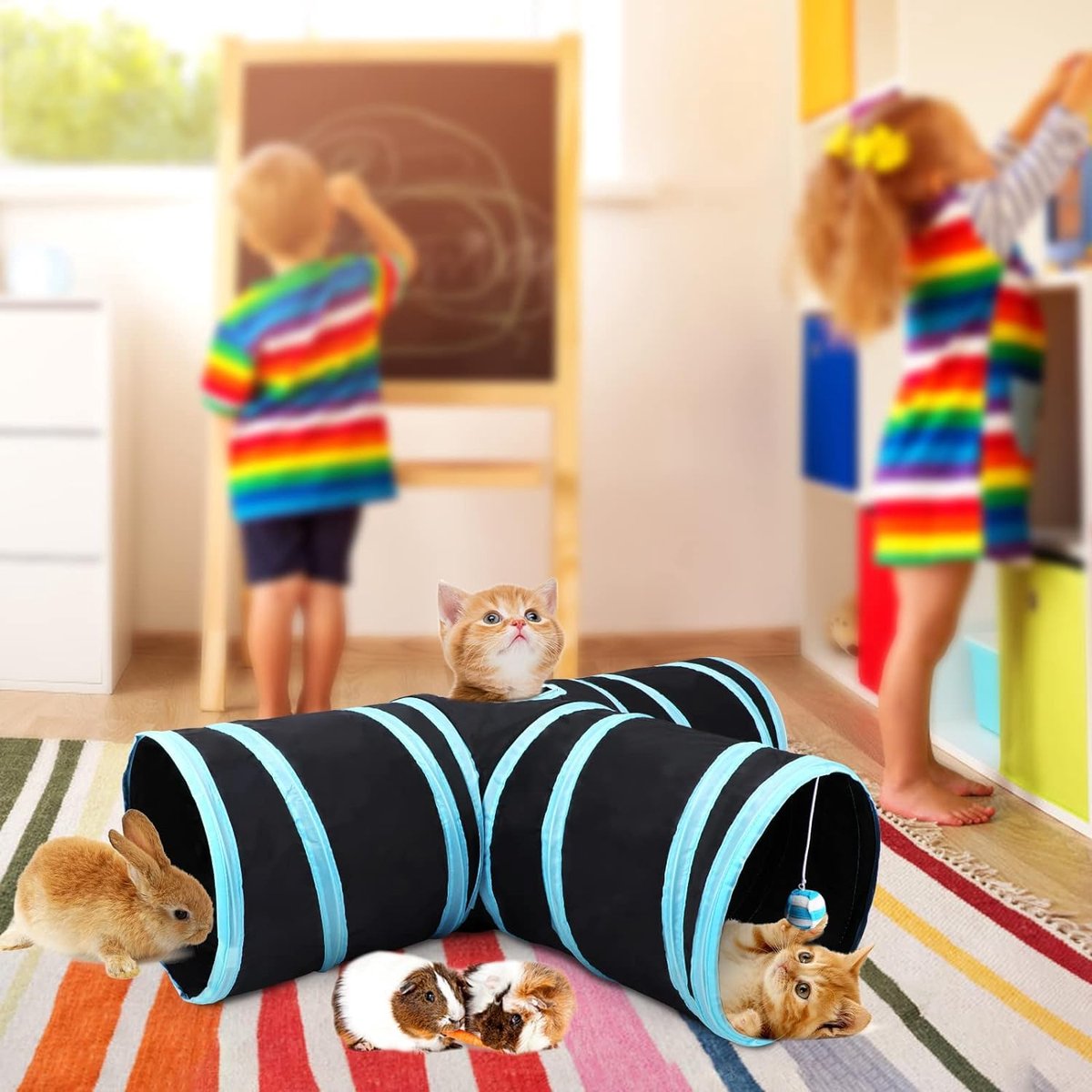 Cat Tunnel - 3 Passages - Play Tunnel for Animals - Cat Tunnel with Play Ball - Cat Tunnel - Cat House - Cat Play Tunnel - Rabbit Tunnel - Crawl Tunnel - Cat Toys - Blue - Image 3