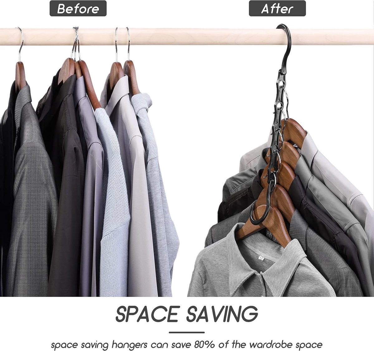 Clothes Hanger - 6 Pieces - Magic Clothes Hanger - Space-Saving Clothes Hanger - Wardrobe Hangers - 5 Slots - Multifunctional - Plastic - Wardrobe Organizer - Black - For 30 Garments - For Shirts, Trousers, Dresses, Jackets, Etc - Image 3